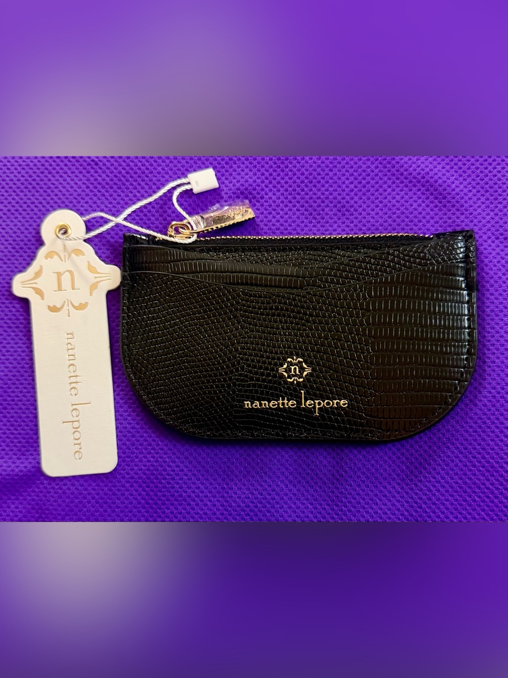 Nanette Lepore Black Croc-Embossed Zip Card Holder with Gold Hardware